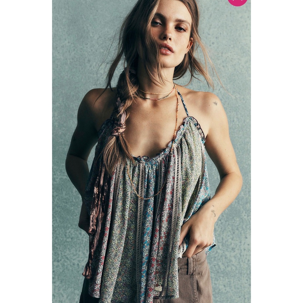 Free People Costa Printed Tank mixed floral print halter neck M NWT boho indie